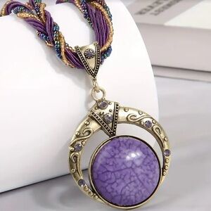 NWOT, purple stone Pendant Necklace with beaded rope chain.